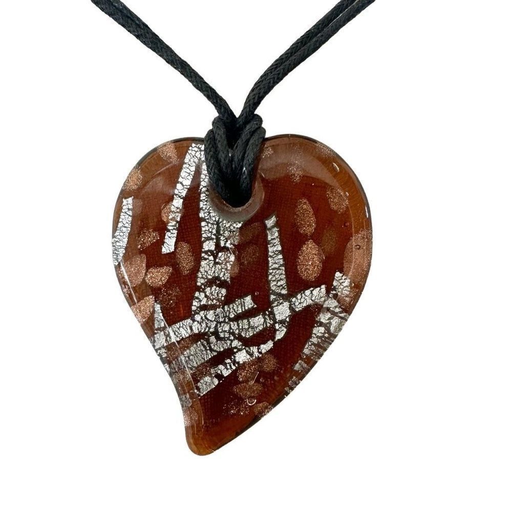 Brown glass heart pendant necklace on cord
